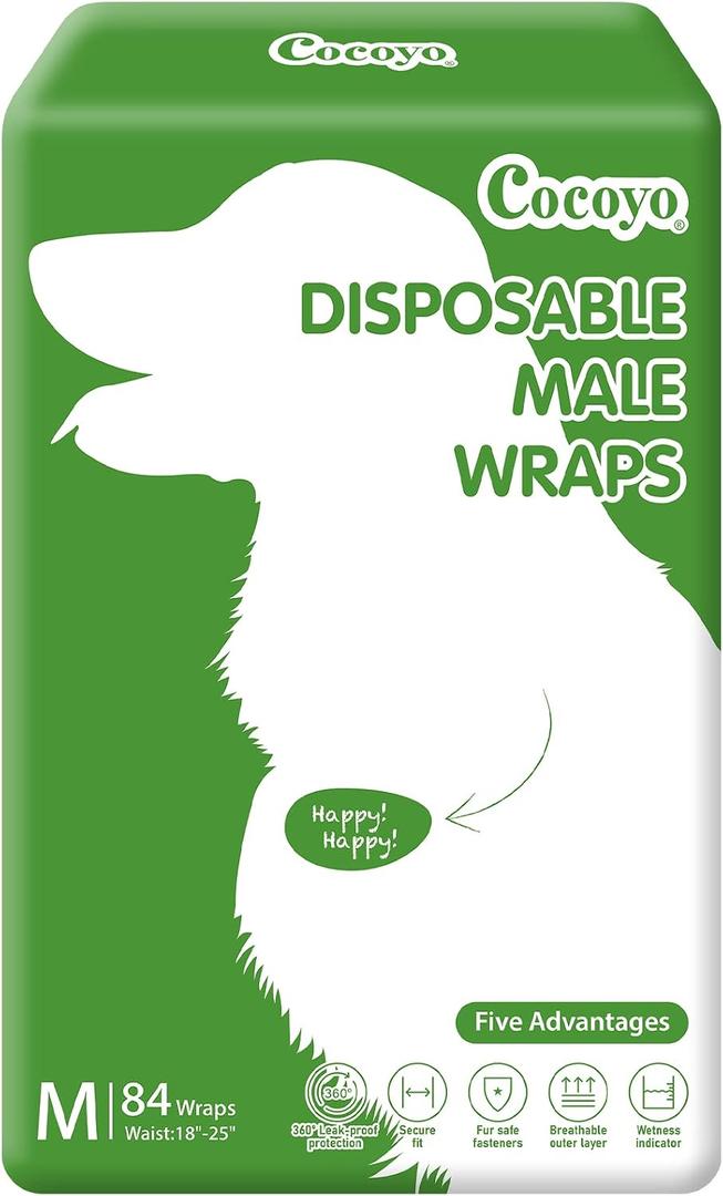 COCOYO Disposable Male Dog Wraps, Medium Size, 84 Count, Super Absorbent, Breathable, Wetness Indicator