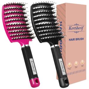 Boar Bristle Hair Brush 2PCS, Curved Vented Detangling Brush for Wet and Dry Hair, Styling Paddle Hairbrush for Women Men Kids Curly Straight Thick Long or Short Hair