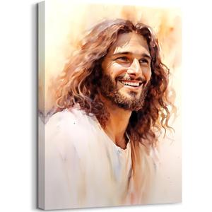 Jesus Wall Art,Laughing Christ with Long Curly Hair Beard Kind Friendly Jesus Portrait Watercolor Painting for Living Room Bedroom Decor Framed (24"L x 16"W)