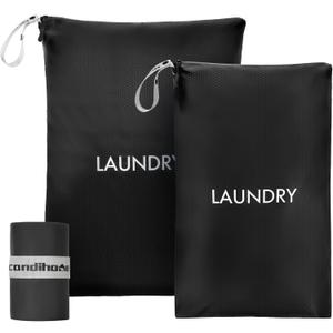 Travel Laundry Bag (2 Pcs - Large + Small) - Foldable Waterproof Washable Wet Dry Bag for Gym, Swimming, Yoga, and Workout Perfect for Dirty Clothes, Bathing Suits, Travel Accessories Black