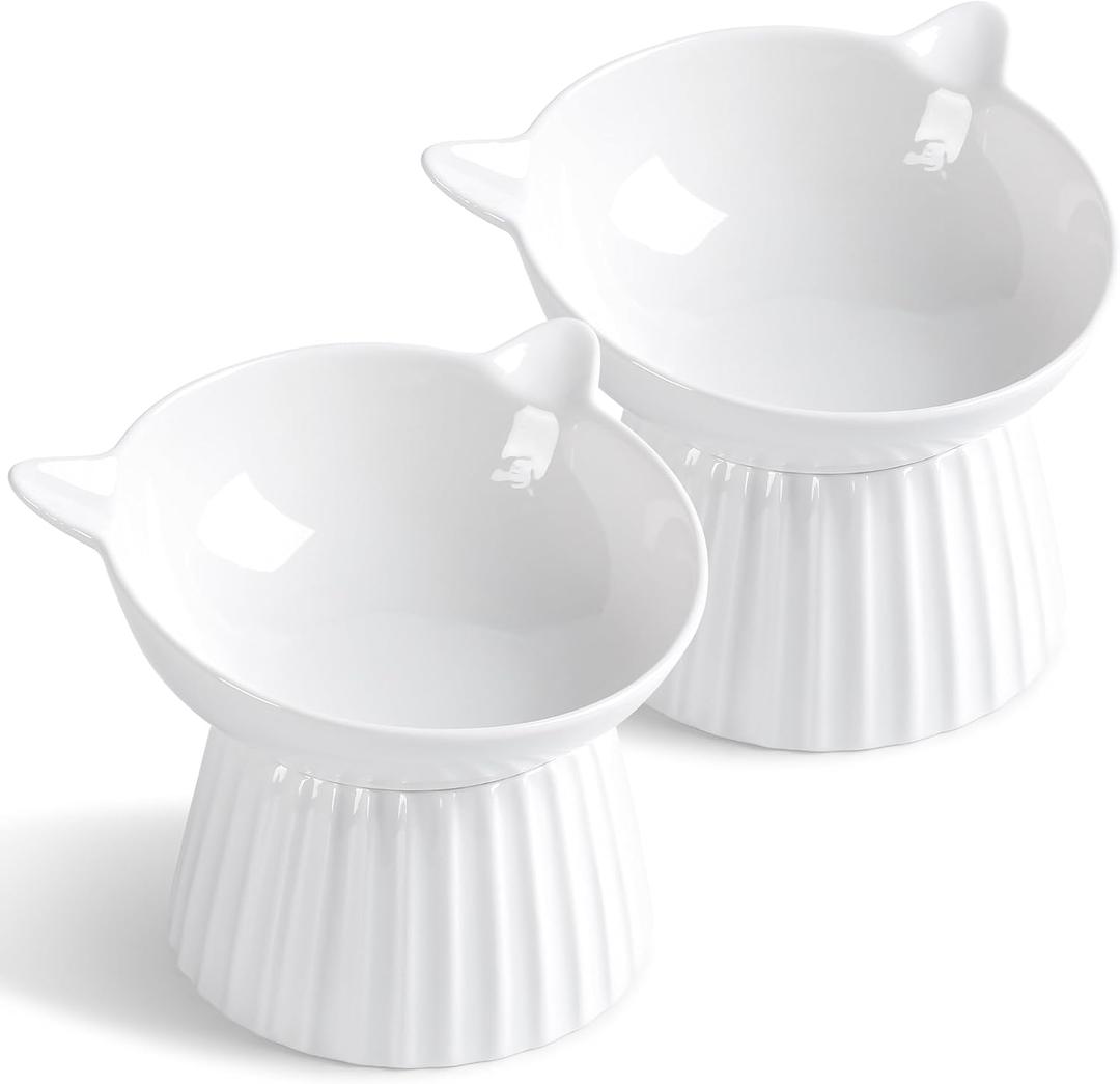 Ceramic Raised Cat BowlTilted Raised Bowl Anti Vomit for Indoor Cats Whisker Friendly Pet Feeder for Cats Puppies, Microwave and Dishwasher Safe (White-2 Pack)