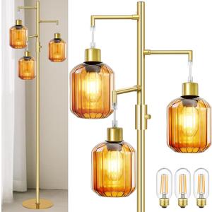Gold Floor Lamp for Living Room, Modern Mid Century Standing Lamp with Amber Glass Shade, Dimmable Tall Tree Lamp with 36W LED Bulbs, Tall Lamp for Bedroom Office