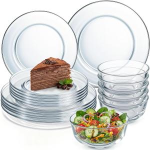 Havawish 18 Pcs Glass Dinnerware Set Sleek Round Clear Glass Plate and Bowl Sets for Dessert, Salad, Fruit, Dishwasher, Microwave Safe Kitchen Dining