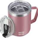 WETOWETO Coffee Mug with Handle, 14oz Insulated Stainless Steel Coffee Travel Mug, Double Wall Vacuum Reusable Coffee Cup with Lid, Powder Coated Rose Gold