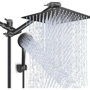 Shower Head Combo,10 Inch High Pressure Rain Shower Head with 11 Inch Adjustable Extension Arm and 5 Settings Handheld Powerful Shower Spray Against Low Pressure Water - Matte Black