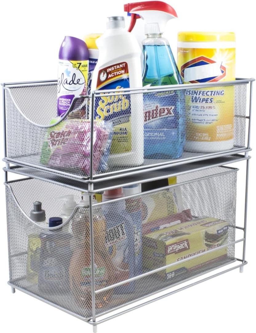 Sorbus Cabinet Organizer Set Mesh Storage Organizer with Pull Out DrawersIdeal for Countertop, Cabinet, Pantry, Under the Sink, Desktop and More (Silver Two-Piece Set)