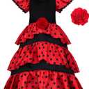 ReliBeauty Girls Flamenco Costume Spanish Dancer Skirt Kids Halloween Fancy Dress with Red Flower (5/120)
