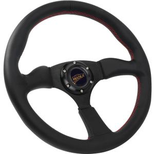 Universal 14 Inch Black Sports Racing Car 6 Bolts Genuine Leather Steering Wheel, Aluminum 3-spoke Steering Wheel with Horn Button