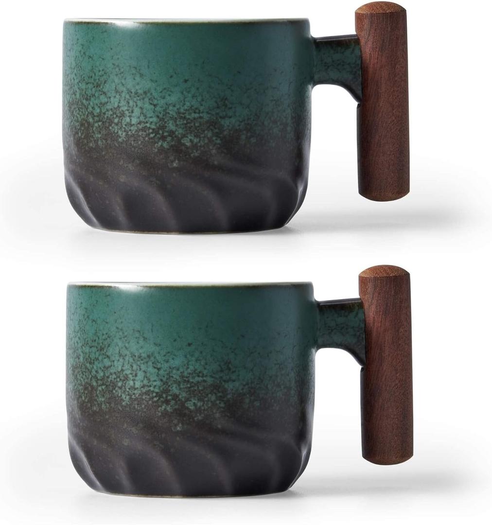 Ceramic Espresso Cups with Wooden Handle Espresso Shot Cups Ceramic Tea Cups Porcelain Demitasse Cups for Coffee or Tea, 2oz (green, 2) (2.7 Ounces)