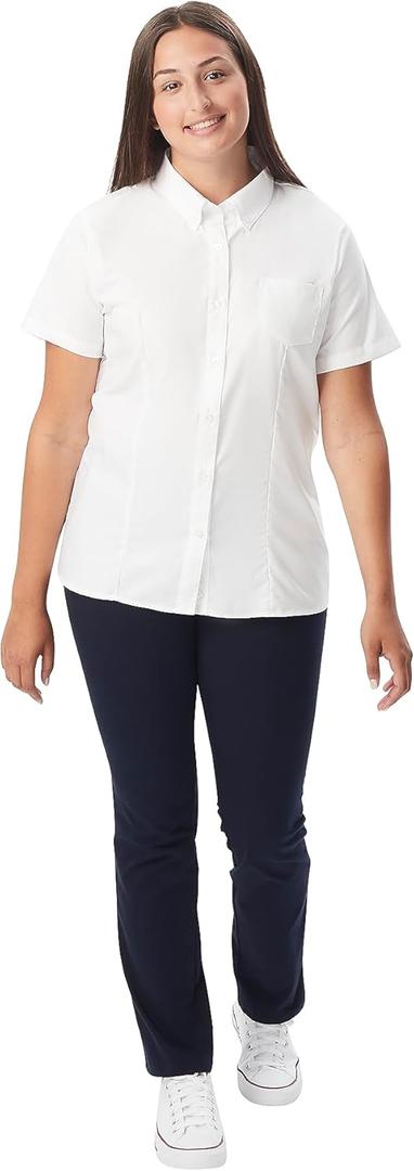 French Toast Women's Junior's Fitted Wrinkle-Resistant Oxford Shirt with Short Sleeves (White)