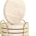 4Pcs Travertine Coasters with Nature Limestone Material and Gold Metal Holder, 4Diameter Round Shape Bar Coasters Set with Cork Pad for Housewarming Christmas Birthday Gift
