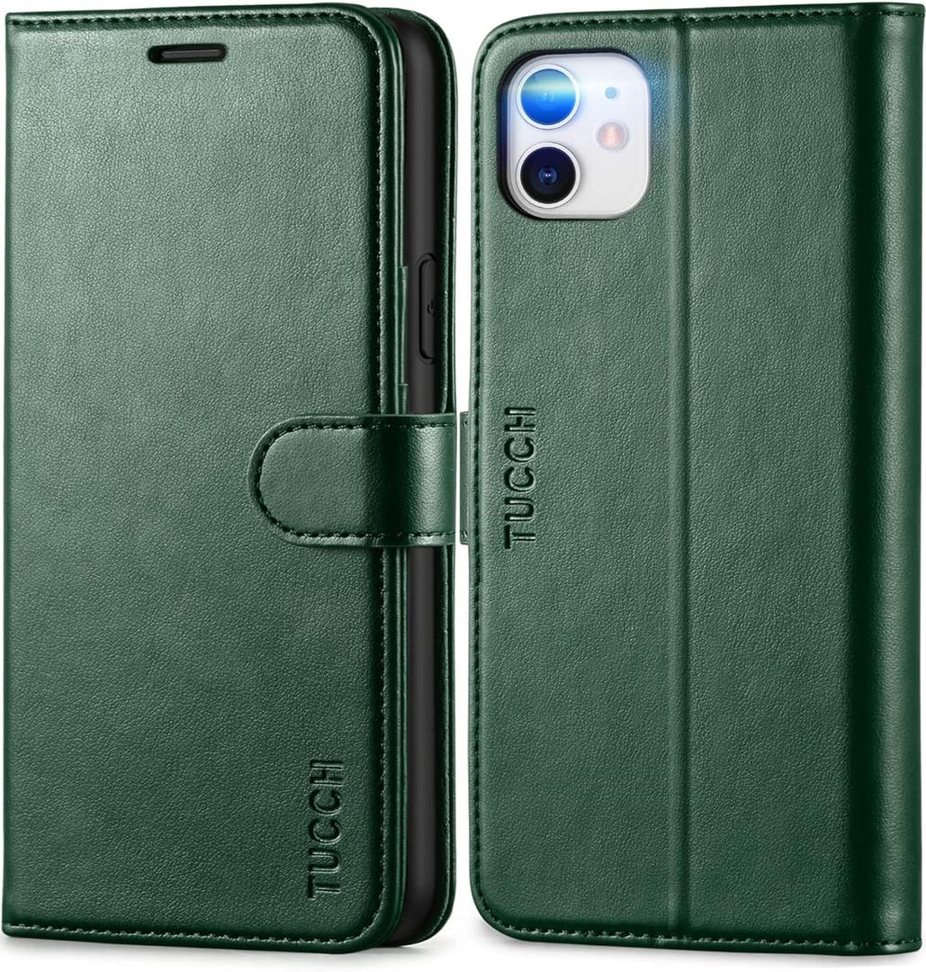 TUCCH Wallet Case for iPhone 11, [TPU Shockproof Inner Shell], PU Leather [RFID Blocking] Card Holder Magnetic Stand Protective Cover Compatible with iPhone 11 6.1" 2019, Midnight Green