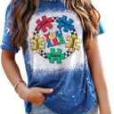 Autism Awareness Shirt Women Autism Support Acceptance Shirts Casual Puzzle Piece Bleached Tee Tops (Blue, S)