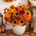 Mixed 12 Pcs Fall Artificial Flowers, Sunflower Peony Bouquet with Maple Leaves Pumpkins, Autumn Faux Floral Arrangements for Table,Thanksgiving, Halloween, Porch Planters, Garden Patio Outdoors Decor