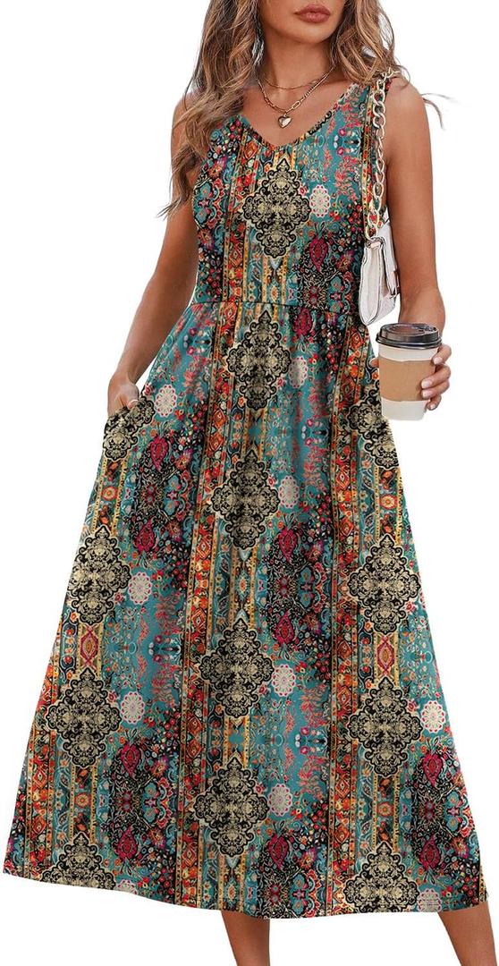 OFEEFAN Summer Dresses for Women 2026 Flowy Casual Midi Dress V Neck Beach Vacation Sundresses with Pockets (XL)