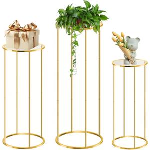 OIHYA Cylinder Stands for party, 3PCS Elegant Gold Metal Plant Round Pedestal Stand, Display Stand Tables Cake Stand for Party Weddings Birthday Backdrop Decorations
