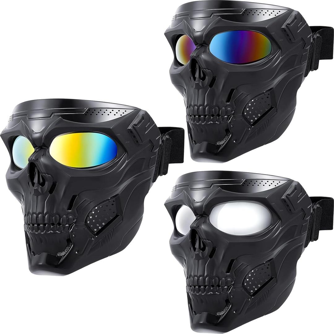 Kanayu 3 Pcs Airsoft Mask Skull Full Face Electroplated Lenses Military Halloween Paintball Motorcycle Face Mask for Riding Racing Shooting Cosplay Cs Survival Games (Not Anti Fog)