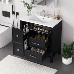30" Bathroom Vanity Cabinet with Ceramic Sink Top Set, Multi-Functional Storage Space and Tip-Out Drawer, Solid Wood Frame, Black