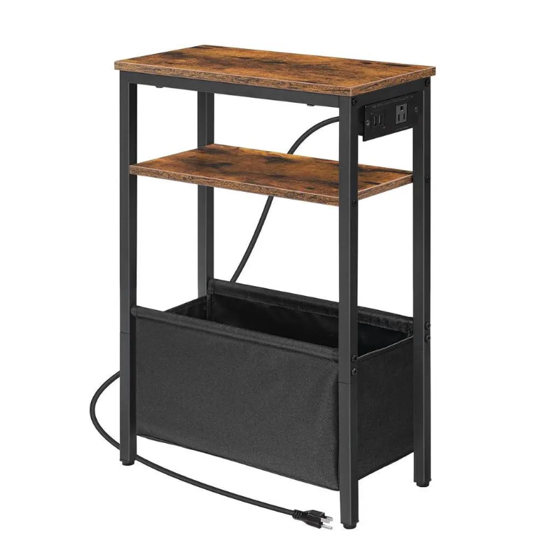 HOOBRO Small Narrow Side Table, Skinny End Table with Charging Station, Extra Slim Nightstand with Storage for Small Spaces, Thin End Table for Living Room, Rustic Brown and Black