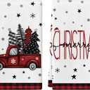 Christmas Hand Towel Set of 2, Red Truck Hand Towels, 18x26 Inch, Merry Christmas Tree Towel for Bathroom Home Kitchen, Soft Towel Red Buffalo Plaid Decoration, Winter Holiday Decor Towels
