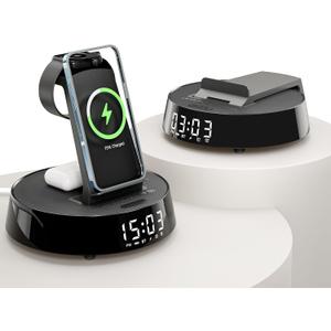 Alarm Clock with Wireless Charging Station, Clock for Bedroom with Dimmable Night Light Bluetooth Speaker, Wireless Charger Dock Station for iPhone 16 15 14 13 12 11 Pro Max, Apple Watch, AirPods 3 (Black)