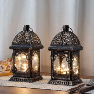 TRIROCKS Vintage Style Decorative Lantern - 8'' H Battery Operated Metal Lantern with LED Fairy Lights - Perfect for Living Room Events Indoors (Black with Gold Brush), 2 Pack