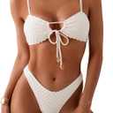 MakeMeChic Women's Two Piece High Waisted Triangle Bikini Set Tie Front String Bathing Suit (Beige), S