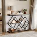 3-Tier Entryway Table, Narrow Console Table with Open Shelves, Modern Sofa Tables with Storage & Diamond-Shaped Metal Frame, Accent Tables for Entryway, Hallway, Gray