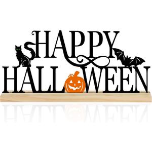 COCHIE Metal Happy Halloween Sign, Black Halloween Decorations for Home, Office, Shelf, Mantel, Indoor, Jack-o-lantern Decoration, Spooky Cat Bat Decor (Halloween)