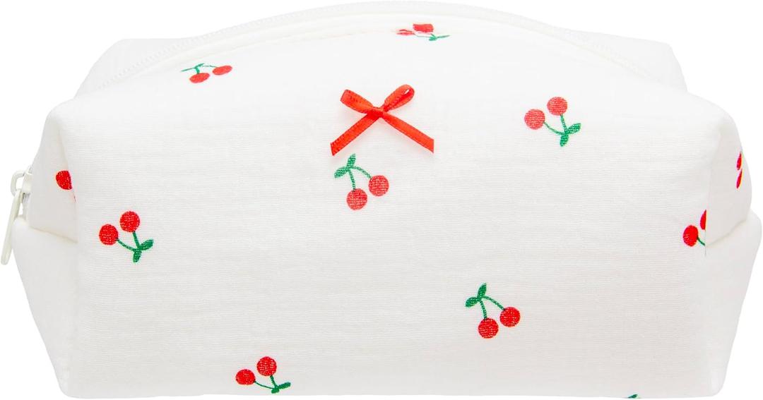 PAZIMIIK Cozy Makeup Bag Small Aesthetic Travel Zipper Cosmetic Pouch for Women Make Up Beauty Accessories Brushes,Cherry White, 8.2 x 4.2 x 3.5-inch