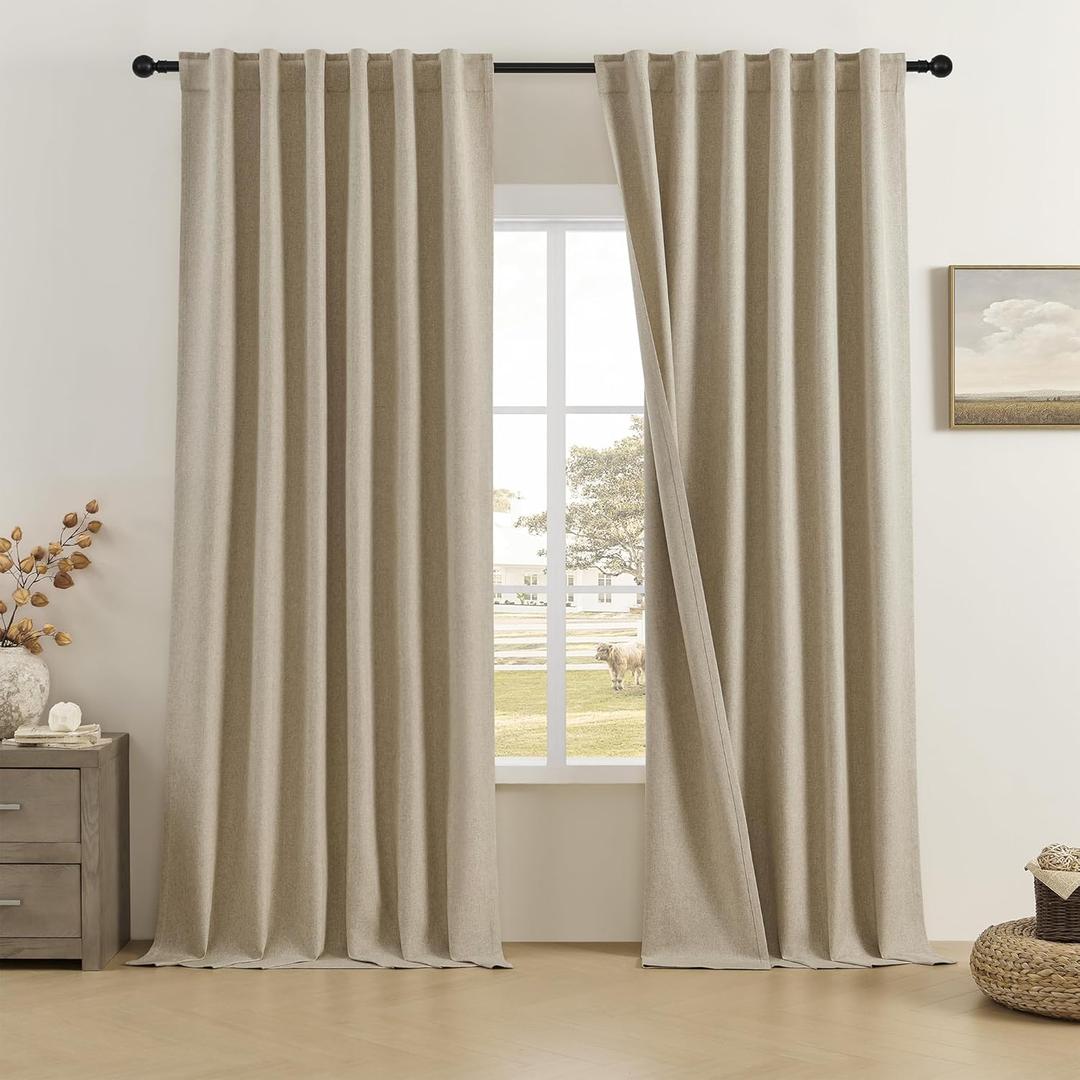 DUALIFE 100% Blackout Curtains 120 Inches Long 10 ft Tall, Extra Long Curtains Linen Textured Thermal Insulated Curtains & Drapes for Bedroom, Living Room - Taupe W50x L120