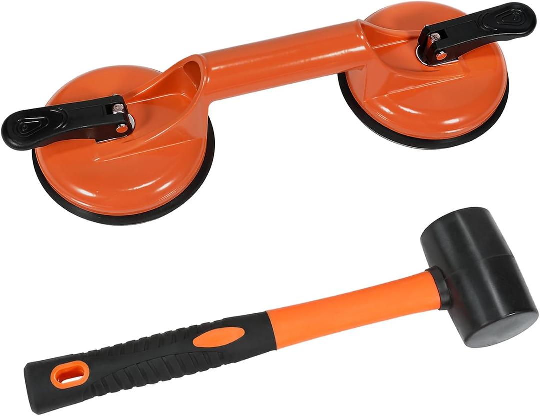 Floor Gap Fixer Tool for Laminate Floor Gap Repair Plank Grabber Includes Heavy Duty Aluminum Suction Cup and Fiberglass Handle Rubber Mallet (Can't Use on Scraped Surface Floor) (Orange)