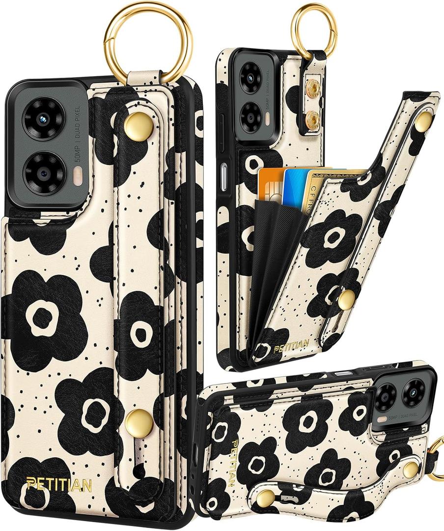 Petitian for Moto G 5G 2024 Case with Wallet - Women Girls Cute Girly Aesthetic Unique Design Leather Credit Card Holder Cardholder Stand Wristband for Motorola G 5G 2024, Black Flower