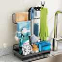 GSlife Sink Caddy Kitchen Sink Organizer - Large All-in-One Sponge Holder with Towel Holder, Rust Resistant Countertop Caddy with Drip Tray and Hooks for Brush, Gloves, Drying Hanger, Black, Large with Towel Bar and Hooks