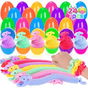 24 Pack Easter Eggs Filled with Bunny Stretchy Strings, Easter Basket Stuffers Fillers with Fidget Toys, Party Favors, Classroom Prizes, Ideal Gifts for Boys Girls
