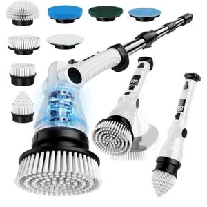 Electric Spin Scrubber  Cordless Power Cleaner with 8 Brush Heads, Long Adjustable Handle, 3 Speed for Deep Bathroom, Tile, Floor & Tub Cleaning, 6-Angle Adjustable