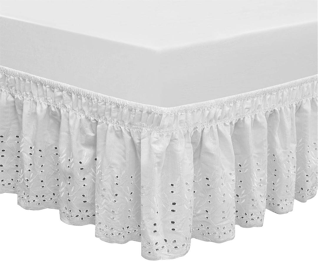 Wrap Around Elastic Eyelet Bed Skirts 18 Inches Drop Dust Ruffle Three Fabric Sides Easy On/Easy Off Adjustable Polyester Cotton (White Queen/King) (Queen/King-18 Inch Drop)