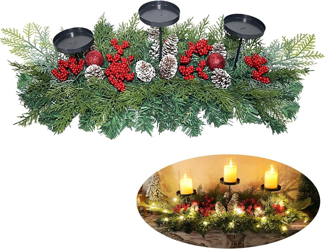 27.6" Christmas Table Centerpiece with Lighs Christmas Candle Holders with 3 Trays Red Berries Balls Pine Cones Xmas Pine Garland Lights Decoration for Centerpiece Table Mantel Holiday Home Decor (Green-cypress)