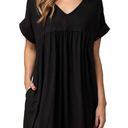 Jayscreate Women's Baby Doll Dress Summer Casual Tunic Pleated Flowy Swing Short Sleeve Black V Neck Mini Dress , Size XL