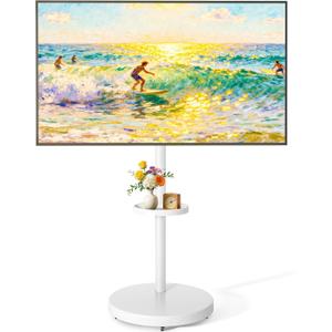 Rolling TV Stand for 32-65" TVs, 88 lbs, White | Portrait or landscape mobile TV cart, adjustable storage box, shelf, height and tilt, VESA up to 400x400