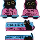 4pcs Black Cat New Driver Car Magnets, Cute Cartoon Shivering Cat Caution Student Driver Safety Signs Reusable Magnetic Bumper Stickers Funny Car Decals for Beginners Novice Drivers Pink Gifts