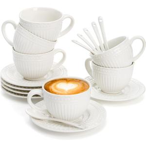 Jucoan Tea Cups and Saucers Set of 6, 7 Oz White Ceramic Coffee Cup and Saucers with Spoons Set, British Teacup Set for Cappuccino, Espresso, Latte, Tea Party Wedding Birthday Housewarming Gift