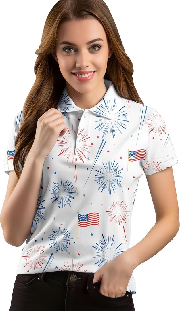 Funny Golf Shirts for Women Short Sleeve Quick Dry Tennis Shirts Athletic Tops for Yoga Tennis (Medium, Fireworks)