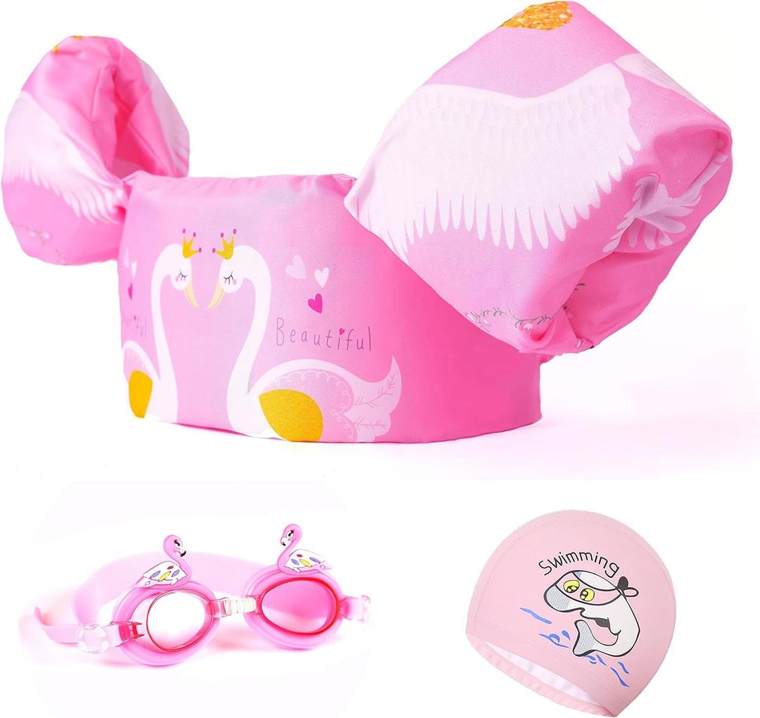 Puddle Swim Jumper for Girls & Boys 22 to 66 Pounds - Swim Vest, Jackets, Floaties, Arm Floats, Puddle/Paddle Pal for 22-30-40-50-55-66 lbs Kid Toddler, Child (Pink Swan)