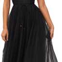 Womens Sweetheart Neck Belted A-line Mesh Midi Dress Spaghetti Strap Backless Tulle Prom Party Dress (Black, XL)