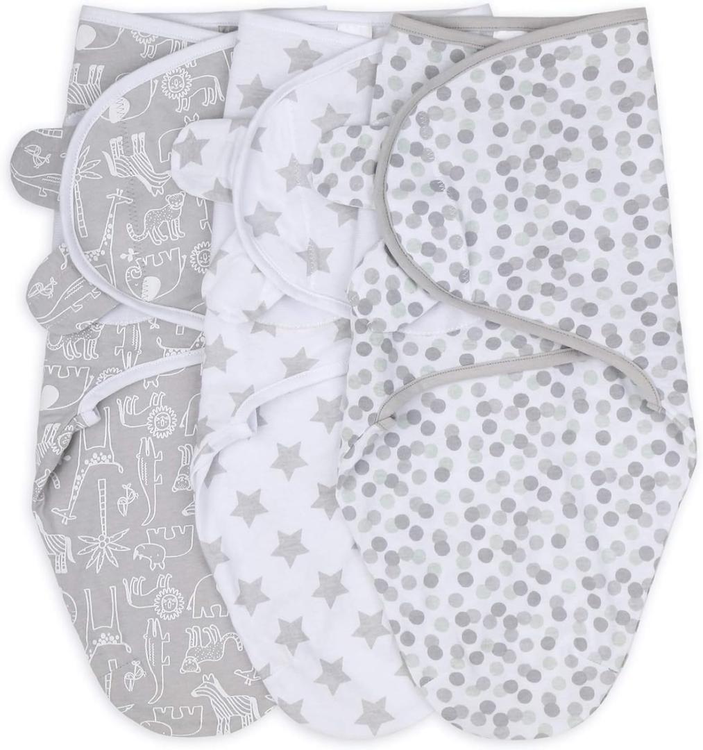 The Peanutshell Baby Swaddle Blankets for Boys or Girls, Grey Safari Animals & Stars, 3 Pack Wrap Set (Medium/Large)
