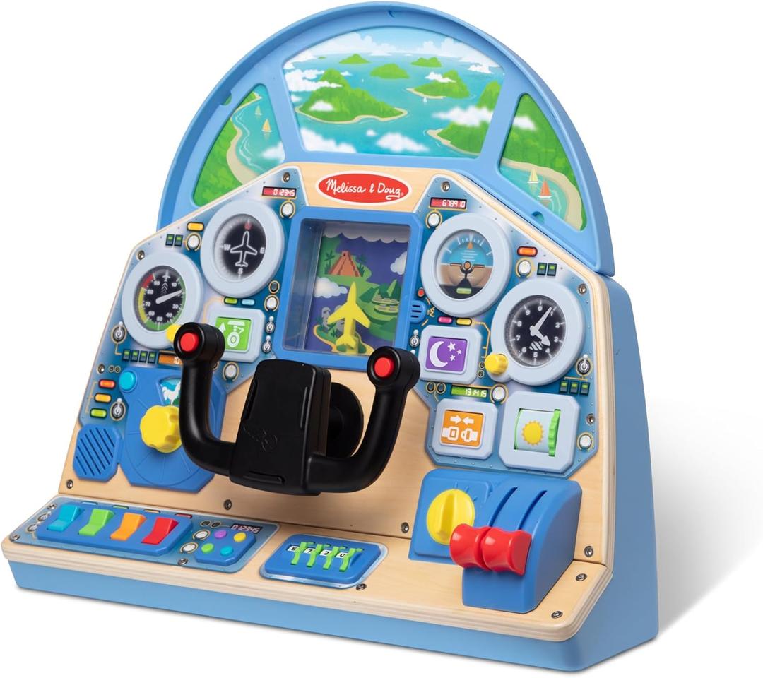 Melissa & Doug Jet Pilot Interactive Dashboard, Pretend Play Airplane Cockpit with Steering Yoke, Lights, Sounds, Buttons & Switches for Fidget Play, Wooden Toys for Kids Ages 3+ - FSC Certified