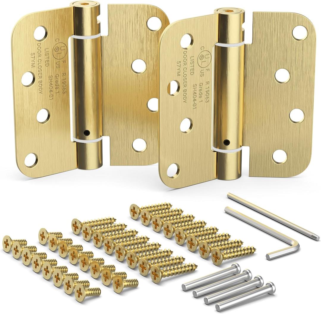 Self Closing Door Hinges, Spring Hinge Door Closer, Spring Loaded, Auto Close, 4 Inch, Automatic Closer, Auto Shut For Interior, Garage, Exterior, Adjustable Tension, 5/8 Radius Corner, Brass, 2 Pack (Satin Brass Finish)