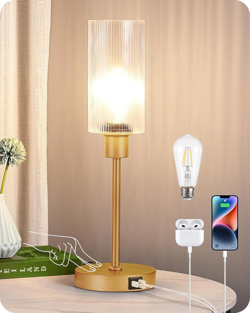 EDISHINE Glass Table Lamp, Touch Control Bedside Lamp with USB C+A Charging Ports, 3 Way Dimmable Nightstand Lamp for Bedroom Living Room Office, Striped Glass Shade, Gold EDISHINE Glass Table Lamp, Touch Control Bedside Lamp with USB C+A Charging Ports, 3 Way Dimmable Nightstand Lamp for Bedroom Living Room Office, Striped Glass Shade, Gold