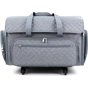 Everything Mary XXL Rolling Sewing Machine Case – Grey Quilted Craft Bag with 4 Wheels – Spacious Storage Organizer with Pockets for Sewing & Craft Supplies,  Grey Quilted